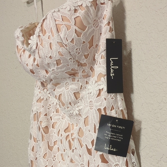 Lulus Key to my Heart white lace nude strapless bodycon midi dress - Picture 7 of 11